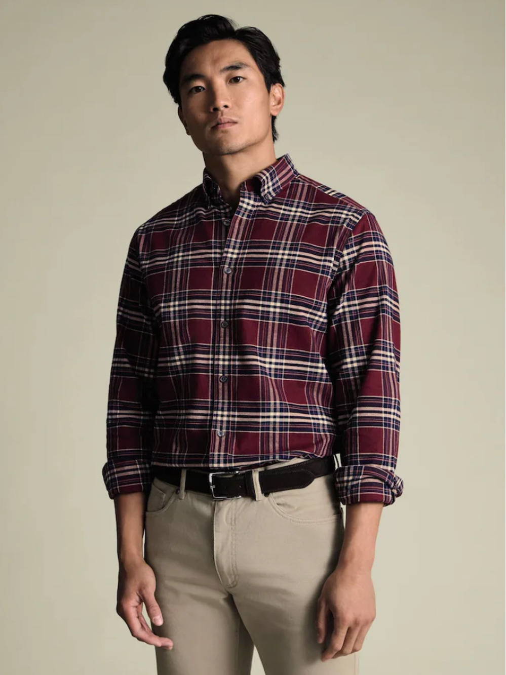 Charles Tyrwhitt Plaid Check Brushed Slim Fit Flannel Shirt Burgundy XL